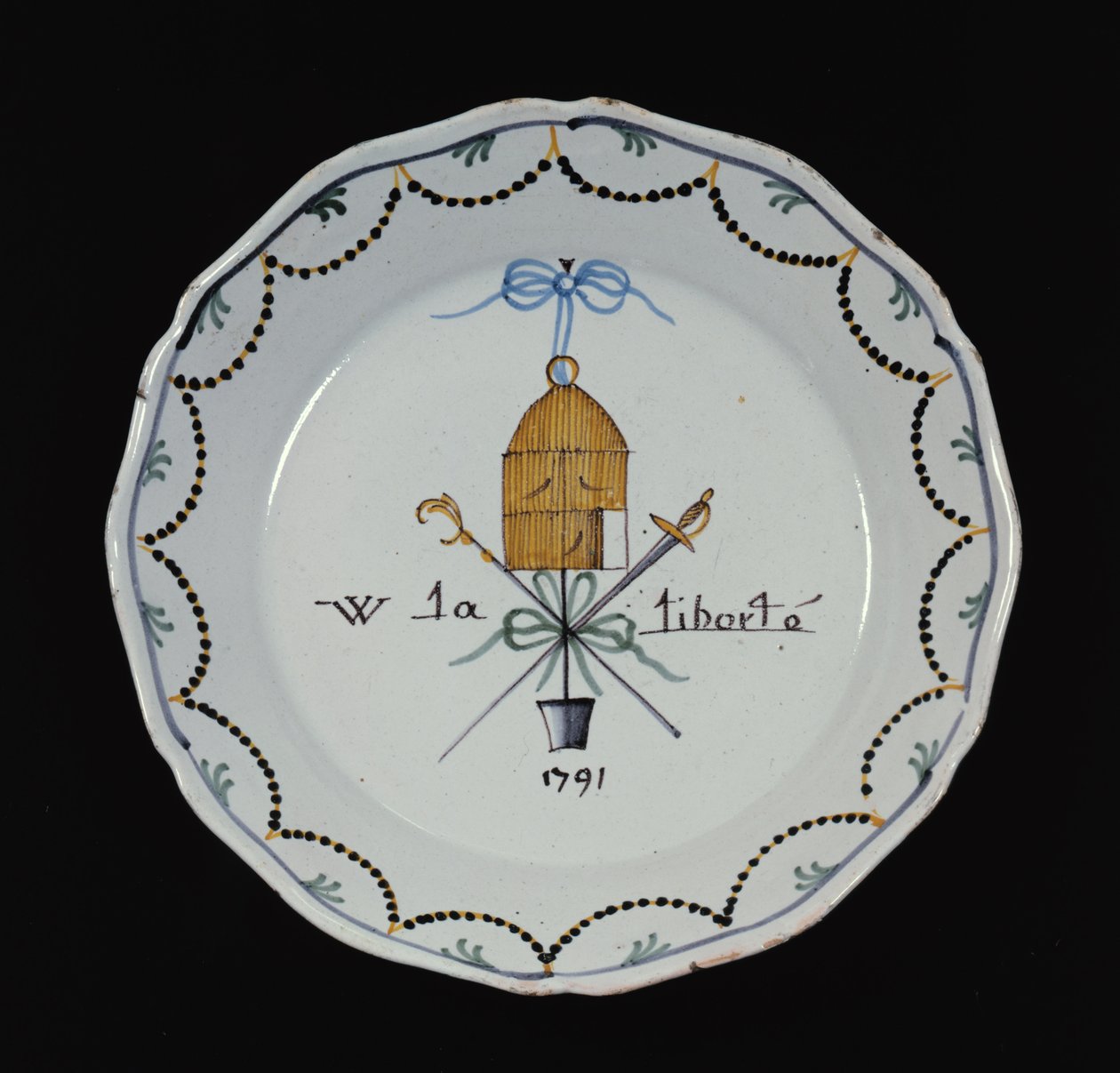 Placa com uma gaiola aberta e a lenda Vive la Liberte, 1791 (cerâmica) de French School