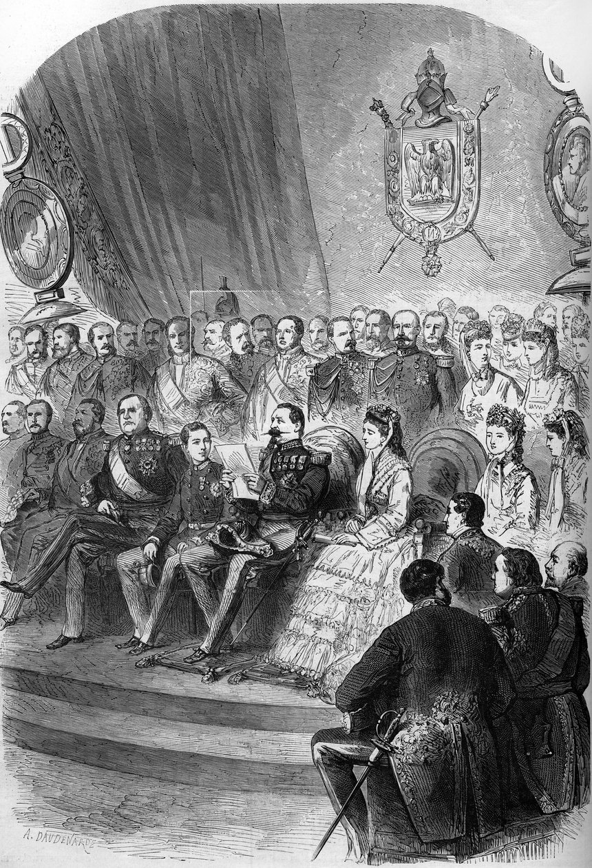Plebiscito de 1870: apresentação da declaração oficial dos resultados a Napoleão III (1808-1883). Também estão presentes a imperatriz Eugênia de Montijo (1826-1920), seu filho Príncipe Imperial (1856-1879), as princesas Mathilde Bonaparte (1820-1904) e Clo de French School