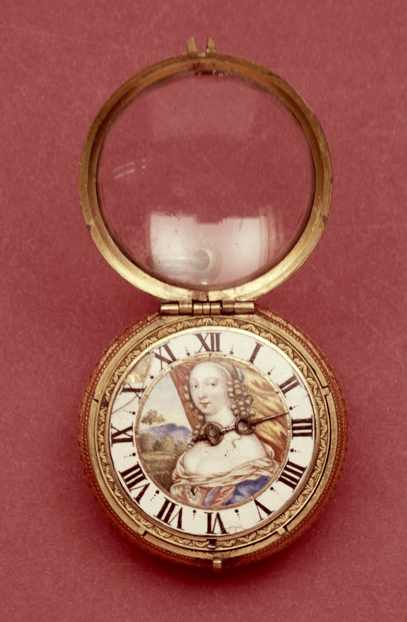 Relógio de bolso com anel de esmalte branco, com um retrato de Anne Marie Louise d&39;Orleans, Duquesa de Montpensier (1627-93), de Jean Hubert, c.1650 (metal dourado e esmalte) de French School