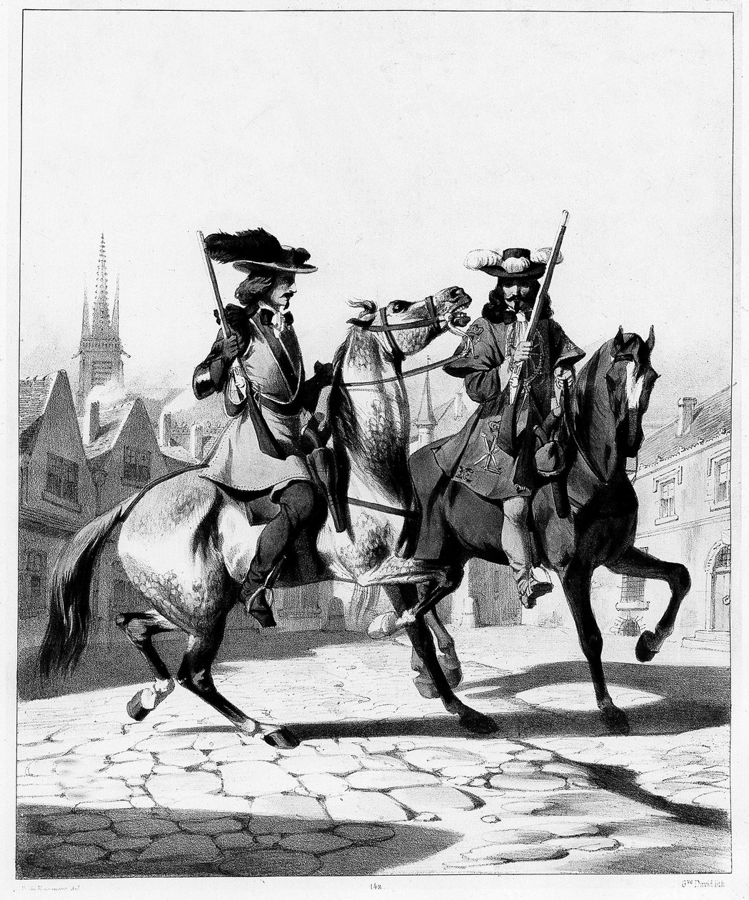 Força policial no século XVII: à esquerda arqueiro do marechal da Ile de France e à direita arqueiro do tenente - gravura, Bibl. des Arts deco. de French School