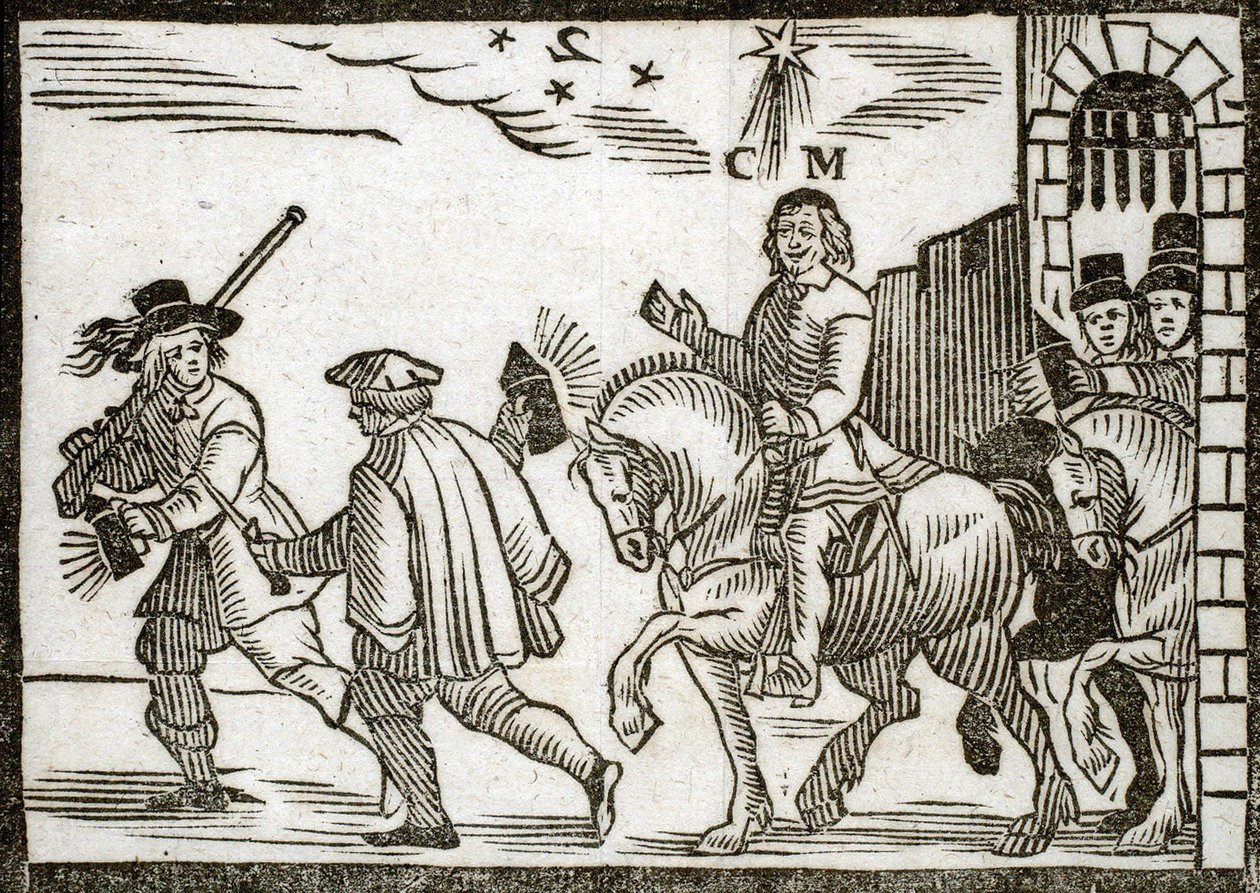 Panfletos políticos Mazarinade: Mazarin foge de Paris a cavalo, no meio da noite, precedido por dois manobristas com lanternas. Madeira gravada 1651 de French School