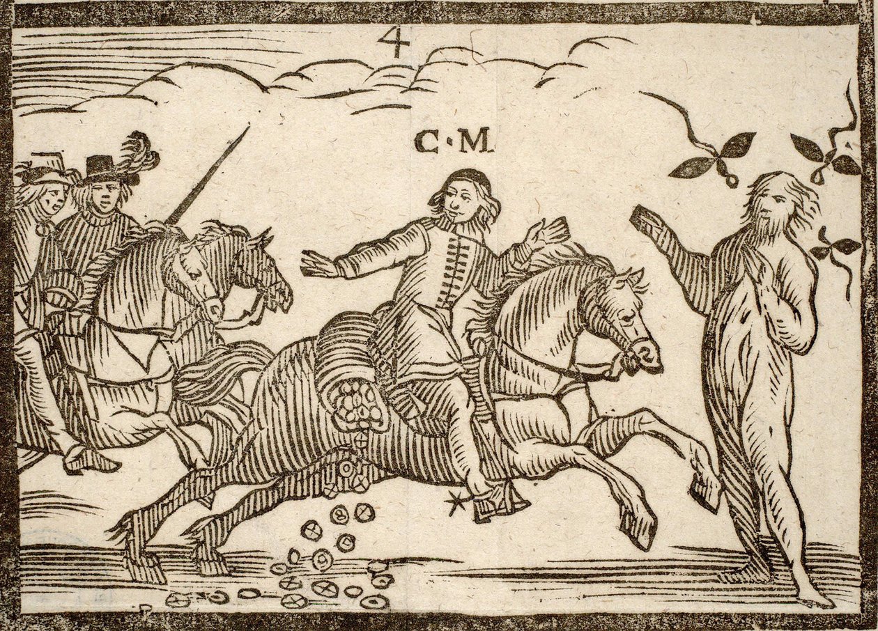 Panfletos políticos Mazarinade: Mazarin em seu vôo cai ecus: a sombra de Concini, Marechal de Âncora, está diante dele. Madeira gravada 1651. de French School