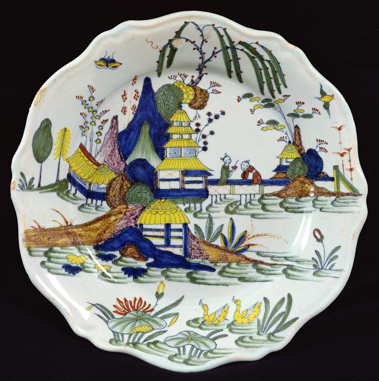 Placa Policromada, Paisagem Chinesa de um Lago, criada no Atelier Sinceny (cerâmica) de French School