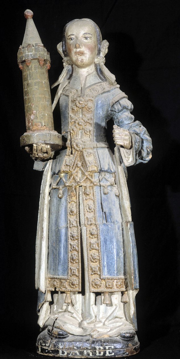 Escultura em madeira policromada representando Saint Barbe (finais do século XVI), conservada no Museu de Dinan. de French School
