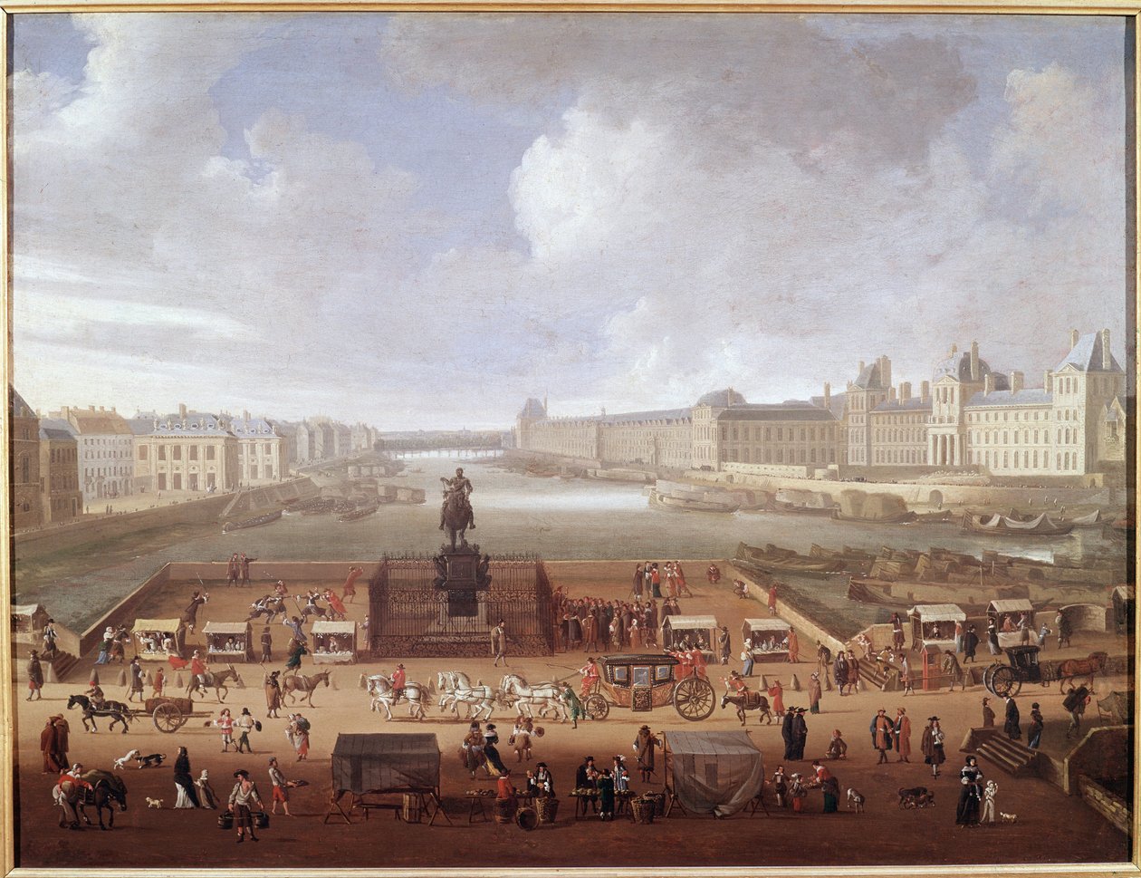 Pont-Neuf, Paris, vista da entrada da Place Dauphine mostrando o Colégio 4 Nações, Quai Malaquais e Louvre (óleo sobre tela de French School