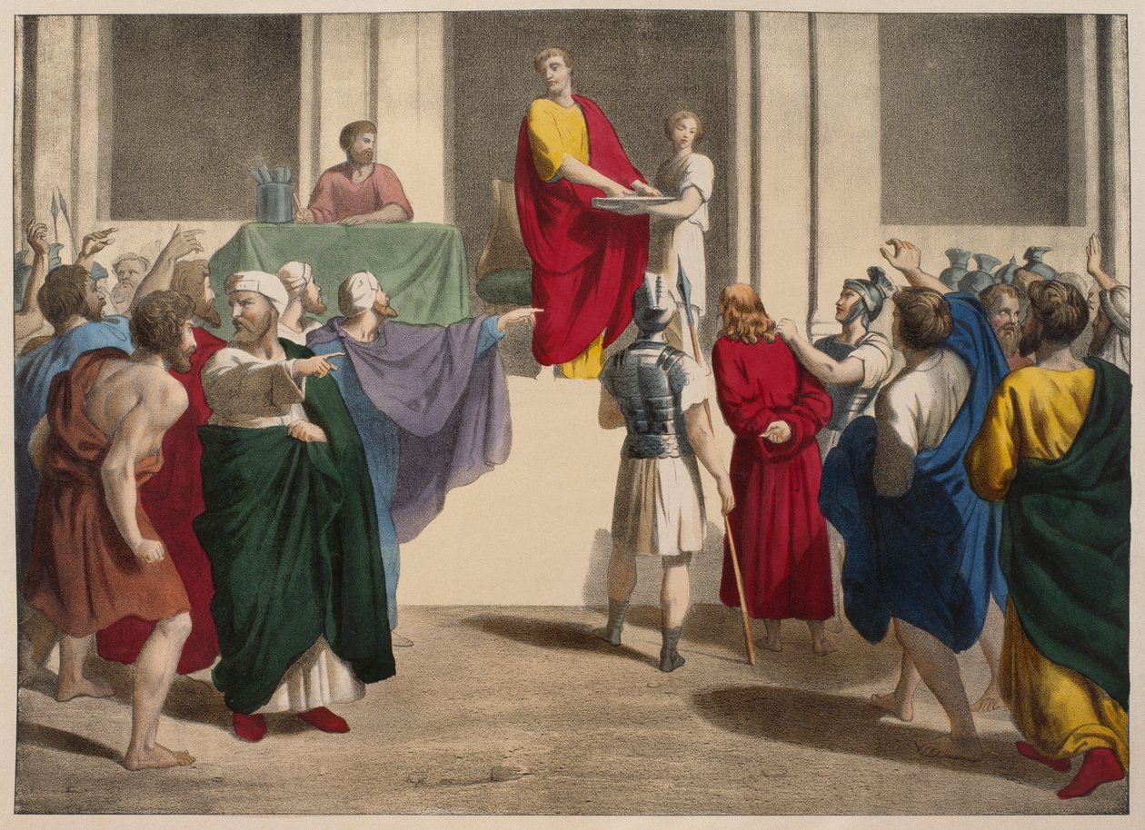 Pôncio Pilatos lavando as mãos diante de Jesus, ilustração de um catecismo LHistoire Sainte, publicado por Charles Delagrave, Paris, final do século XIX de French School