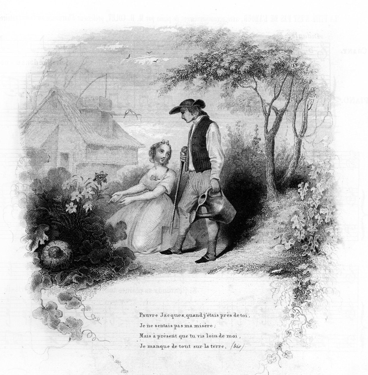 Pobre Jacques. Uma jovem ajoelha-se diante das flores perto de um jardineiro. Gravura em "Chants et chansons populaire de la France", Tomo 2 de French School