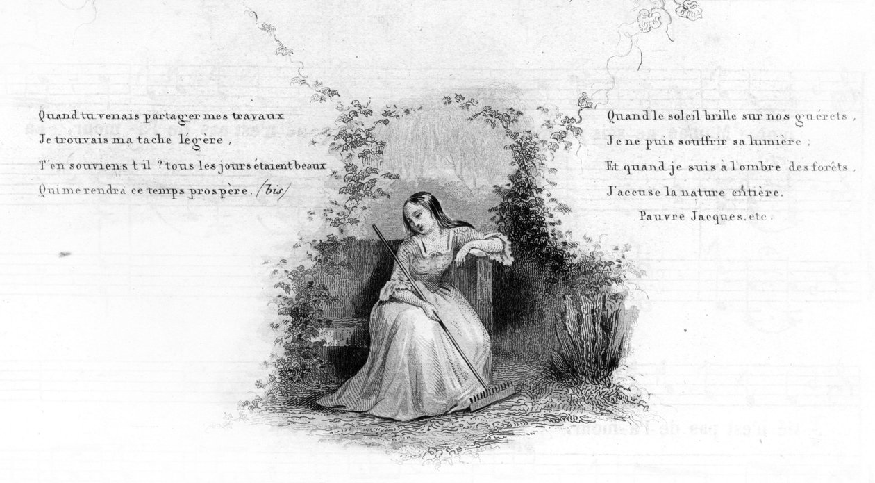 Pobre Jacques. Rapariga sozinha sentada num banco, a segurar um ancinho. Gravura em "Chants et chansons populaire de la France", Tomo 2 de French School