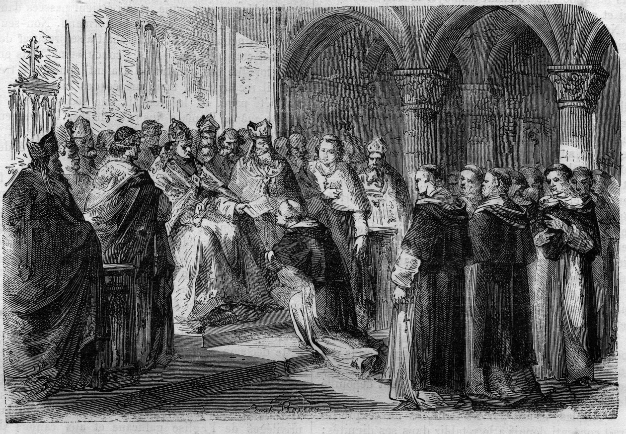 O Papa Adrien II (792-872) entregou a um de seus legados uma bolha de excomunhão contra o Senhor Normand. Gravação em "Histoire des Papes-Rois-Queen and Empereurs a travessa les centuries" por Maurice Lachatre de French School