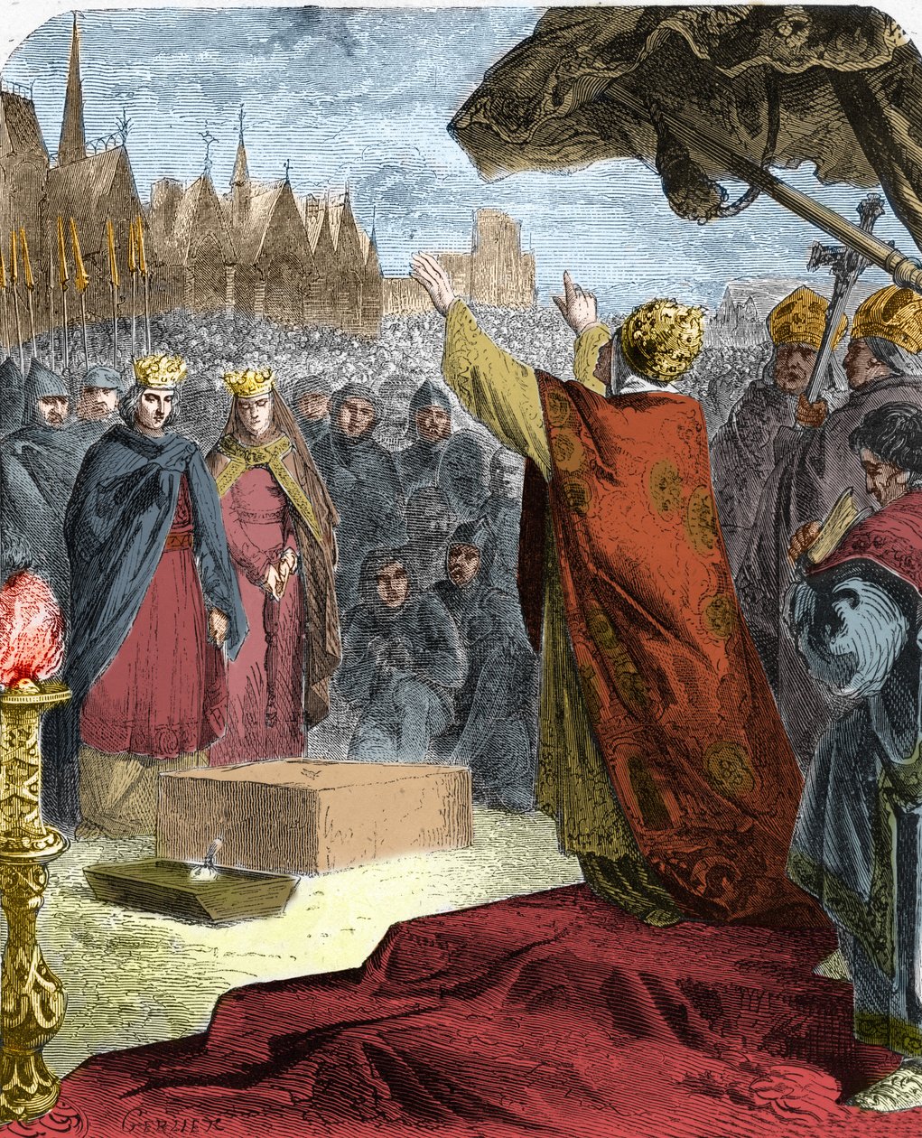 O Papa Alexandre III (Orlando Bandinelli) (Alessandro III) colocou, em 1163, a primeira pedra da catedral de Notre-Dame de Paris (Notre-Dame) na presença do rei Luís VII de França e do eveque Maurice de Sully. de French School