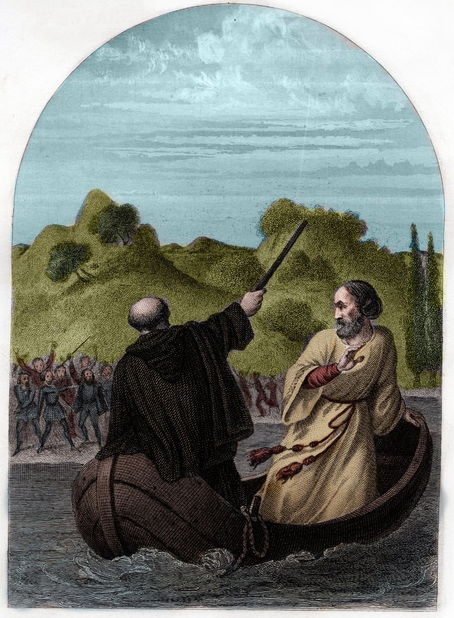 Papa Eugênio IV (Eugênio, Eugênio) (1431-1447) escapa em um barco para escapar da ira dos romanos - POPE EUGENIUS IV (Gabriele Condulmaro) oposto pela poderosa família Colonna, ele tem que fugir de Roma, enquanto seus inimigos elegem um anti-popa - Gravura de French School