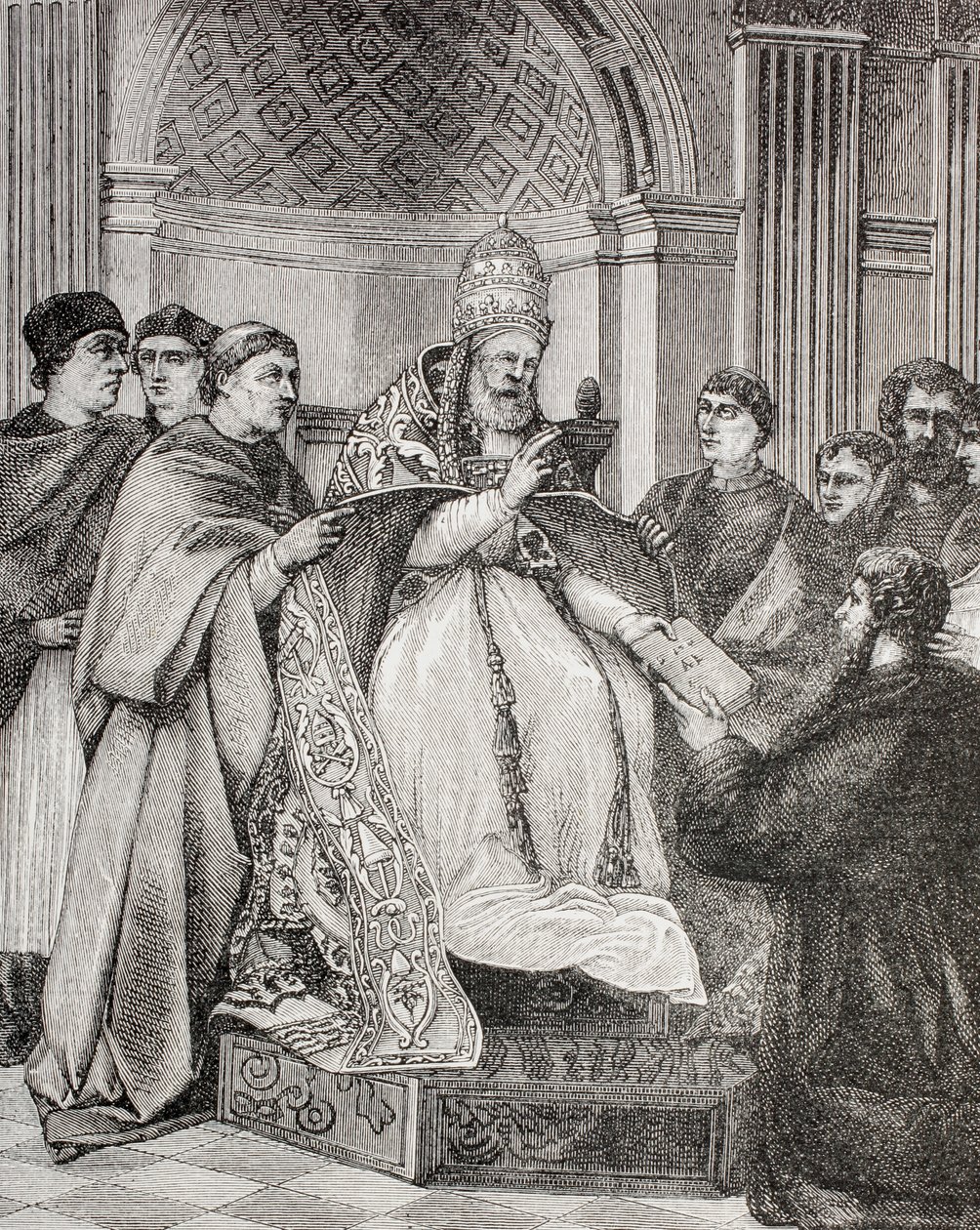 O Papa Gregório IX entregou os Decretals a um defensor do Consistório, de "A Vida Militar e Religiosa na Idade Média", de Paul Lacroix, publicado em Londres, c.1880 de French School