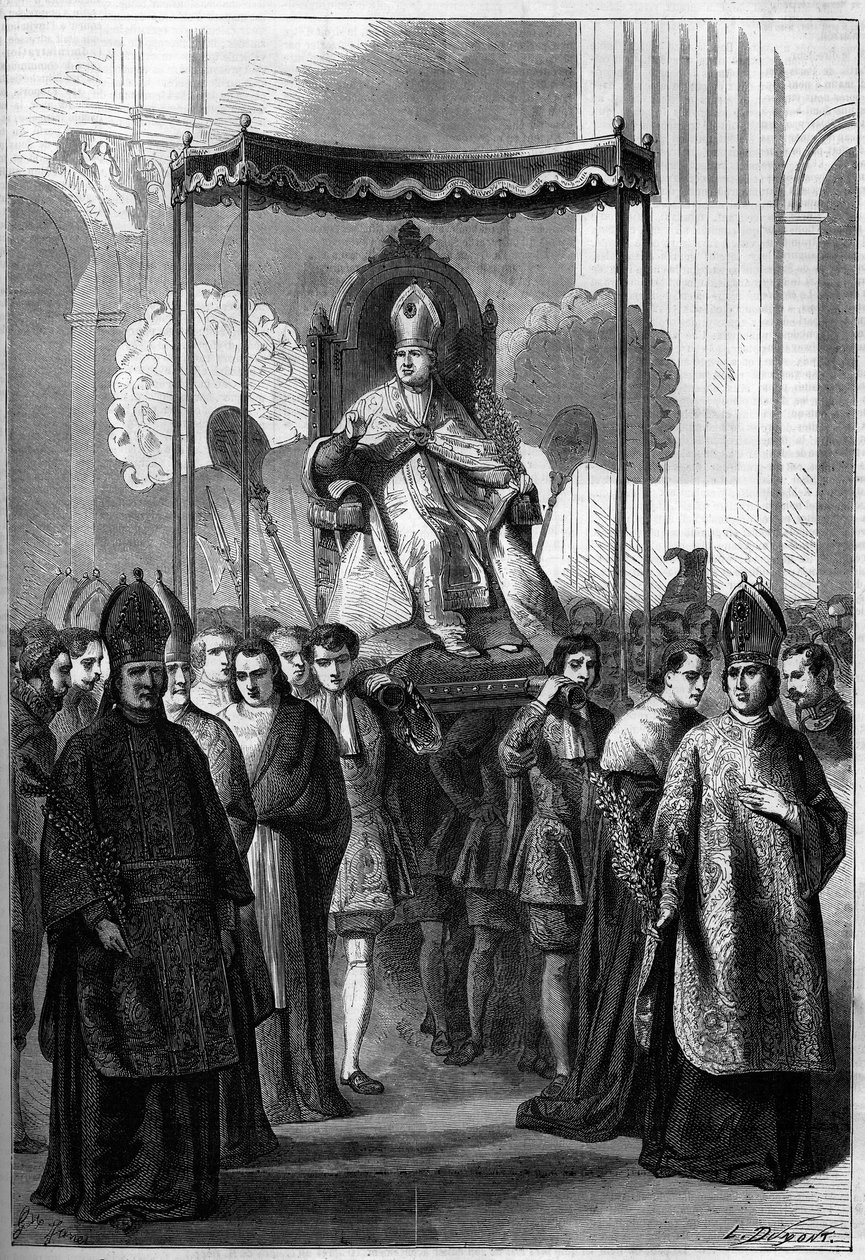 O Papa Pio IX (1792-1878) leva-o em procissão à Igreja de São Pedro em Roma (Itália) no Domingo de Ramos de 1861. Gravura no "Le Monde Illustré" n°209 de 13 de Abril de 1861. de French School
