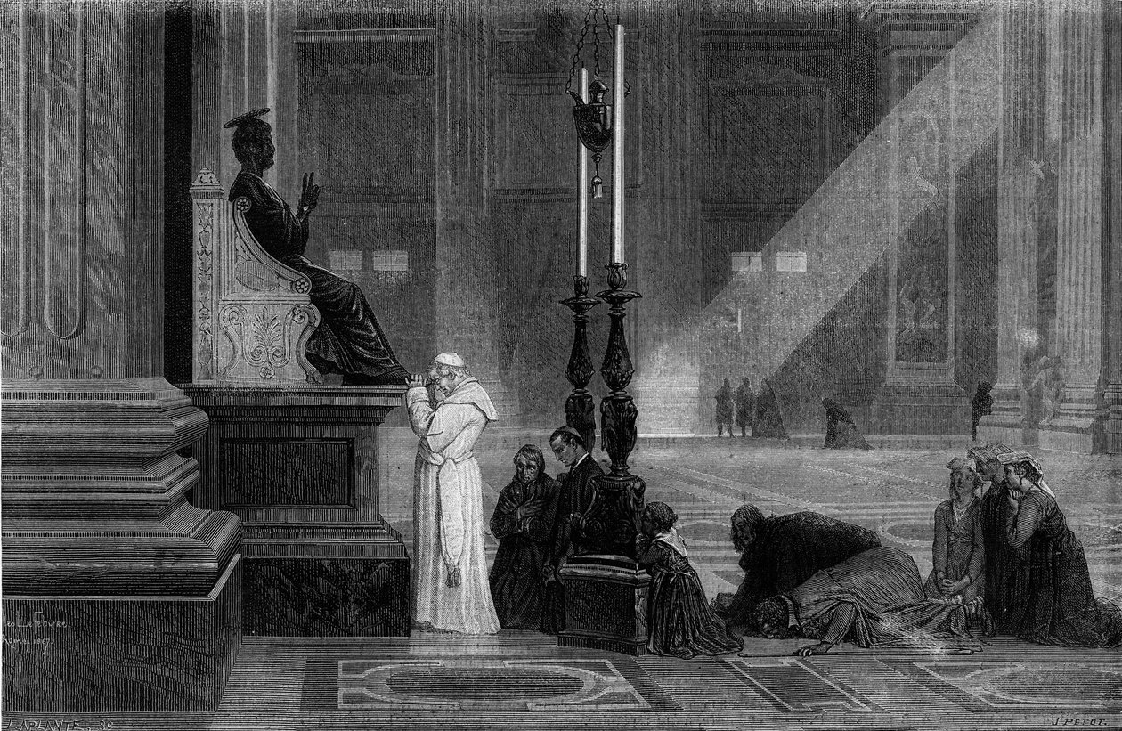 O Papa Pio IX (1792-1878) rezou perto da estátua de São Pedro, na Basílica de São Pedro, em Roma. Gravura de "Roma: descrição e lembranças" de Francis Wey, anos 1870. de French School