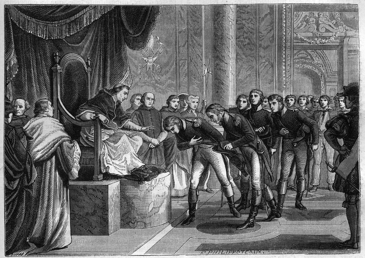Papa Pio VII (1742-1823) recebendo em Roma os marinheiros franceses membros das tripulações dos dois tijolos "São Pedro" e "São Paulo" oferecidos como presente ao Papa por Bonaparte, agosto de 1802 - Gravura de 1865 no "Histoire du Consululate et de l