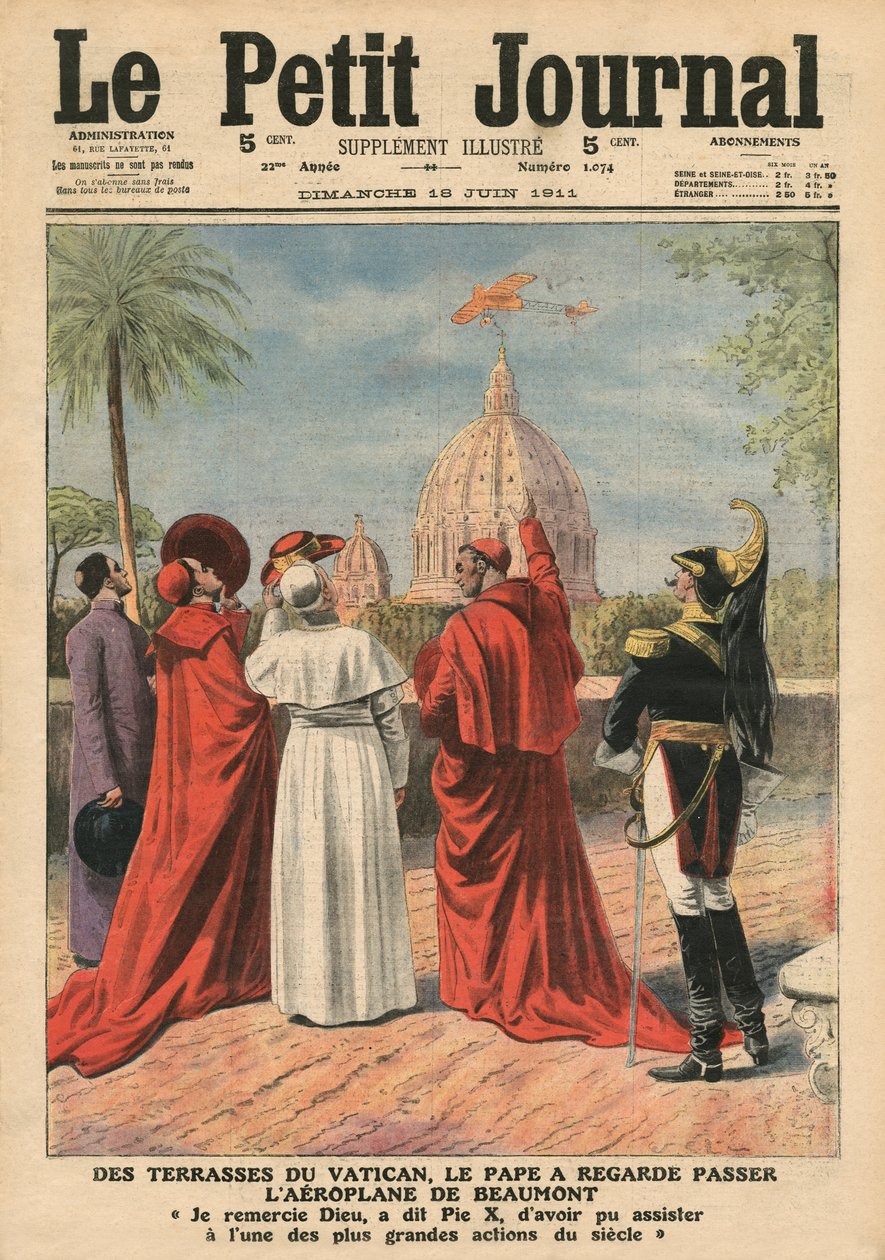 Papa Pio X assistindo o avião de Andre Beaumont voando sobre Roma do terraço do Vaticano, ilustração de &39;Le Petit Journal&39;, suplemento illustre, 18 de junho de 1911 de French School