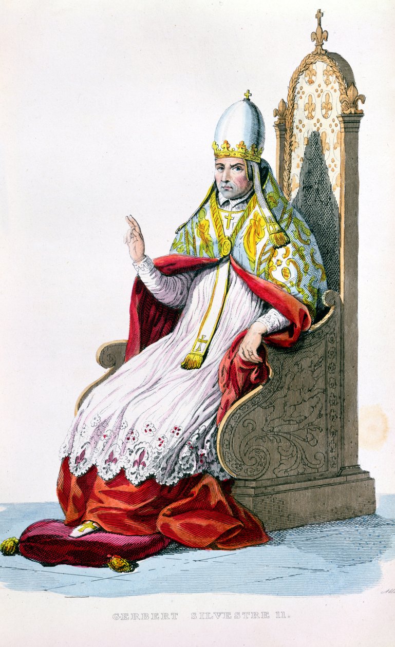 Papa Sylvester II, do francês Plutarco de E. Mennechet, Paris, 1835 (gravura colorida) de French School