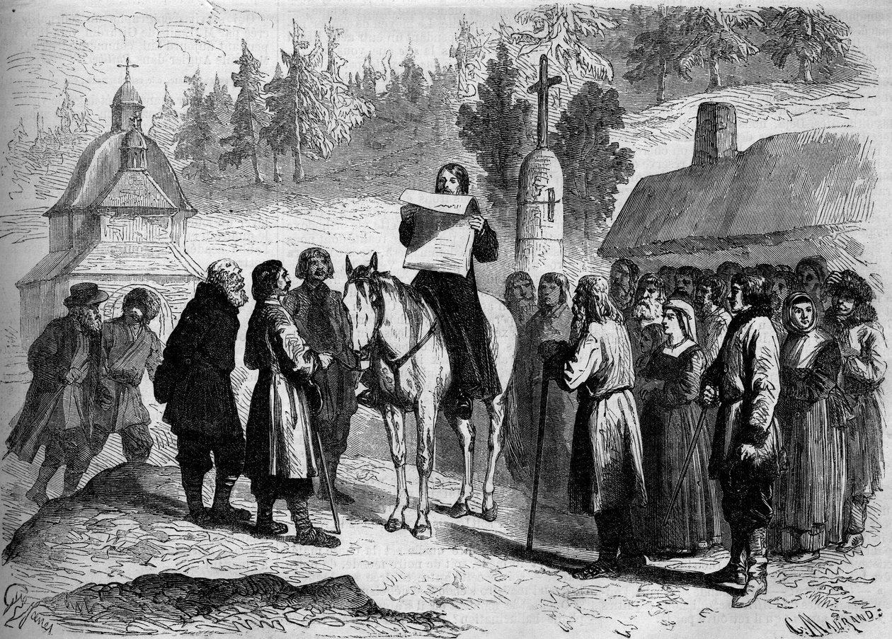 Papa traduzindo e lendo um ukase (oukase) do Imperador da Rússia (Alexandre II) para os camponeses analfabetos poloneses de French School