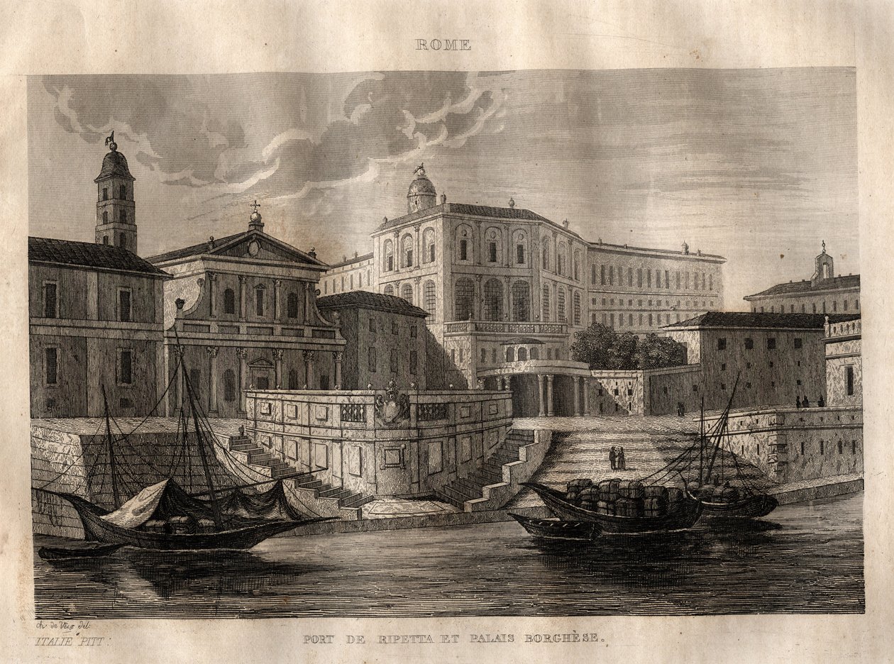 Porto di Ripetta e Palazzo Borghese - Roma - Gravura de "Picturesque Italy" - Pintura Histórica e Descritiva da Itália" de M. de Norvins, Ch. Nodier 1834-1836. de French School