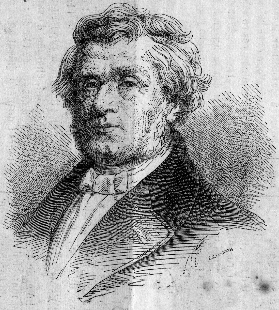 Retrato de Alphonse Lavallee (1791-?), empresário de Nantes, fundador da Ecole Centrale des Arts et Manufactures (ou Ecole Centrale Paris) que forma engenheiros. Gravura em "Le Monde Illustre" n°346 de 28 de Novembro de 1863. de French School