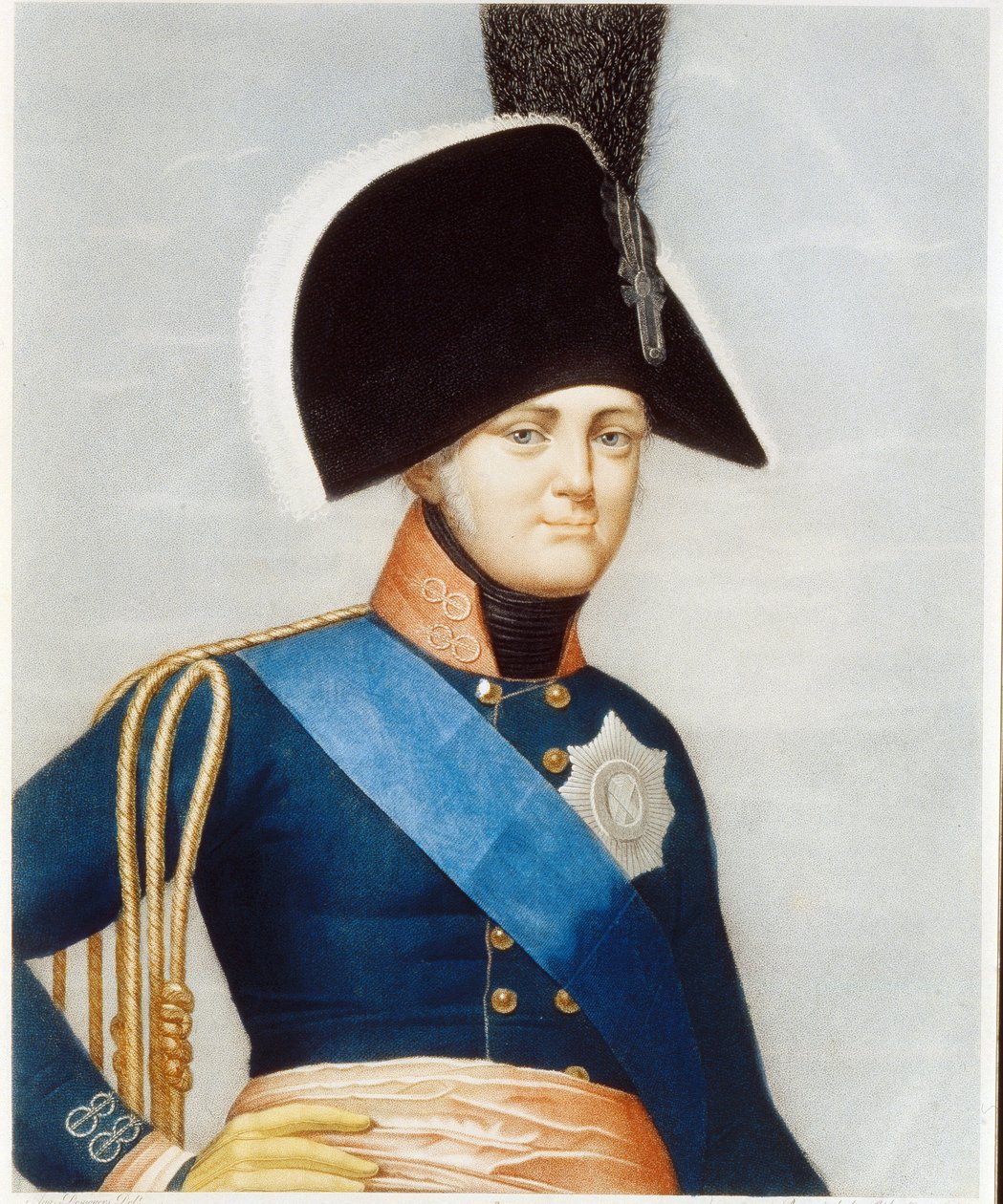 Retrato do Czar Alexandre I Pavlovich (1777-1825) (Retrato do Imperador Alexandre I). Usando a faixa azul dos cavaleiros da Ordem do Espírito Santo e o emblema bordado da ordem imperial de Santo André. Trabalho de um mestre francês, meia litografia de French School