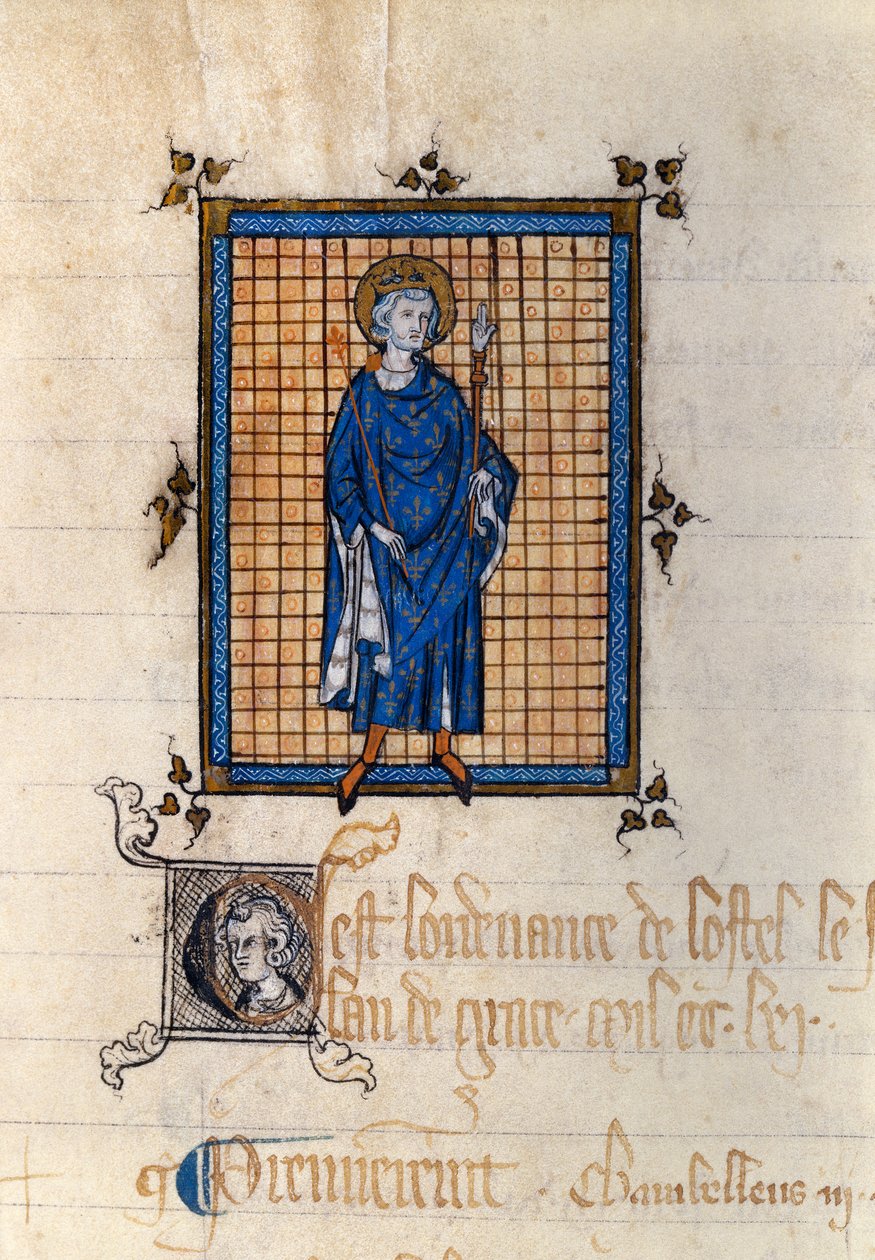 Portrait en pied de Saint Louis en majeste (Louis IX) (1214-1270) Miniatura retirada do "Registro de Portarias do Hotel du roi". Paris, Arquivo Nacional de French School