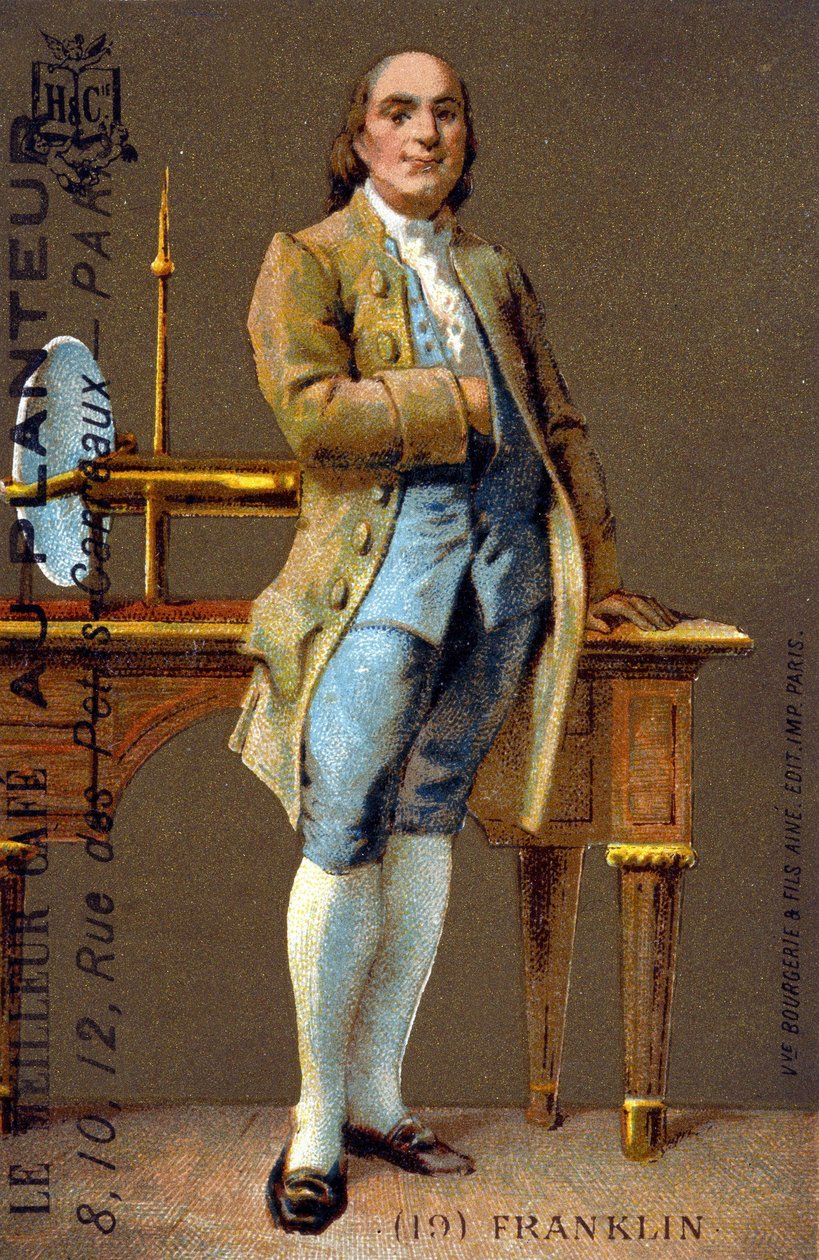 Retrato a pés de Benjamin Franklin, político e físico americano (1706-1790) - cromo, deb. Século XX de French School