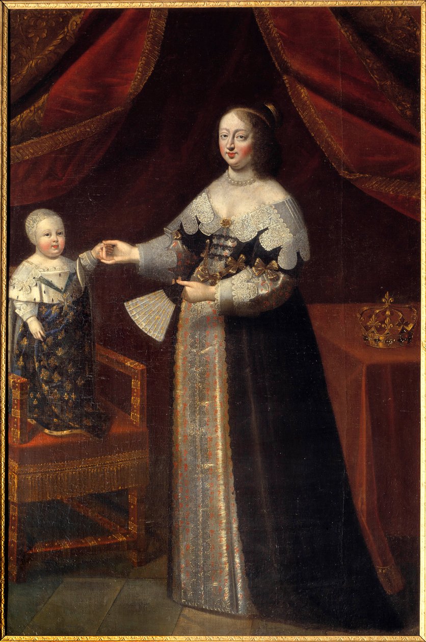 Retrato no pé de Ana da Áustria (1601-1666), Rainha de França com Luís XIV Pintura infantil da Escola Francesa do século XVII. Chambord, museu do castelo de French School
