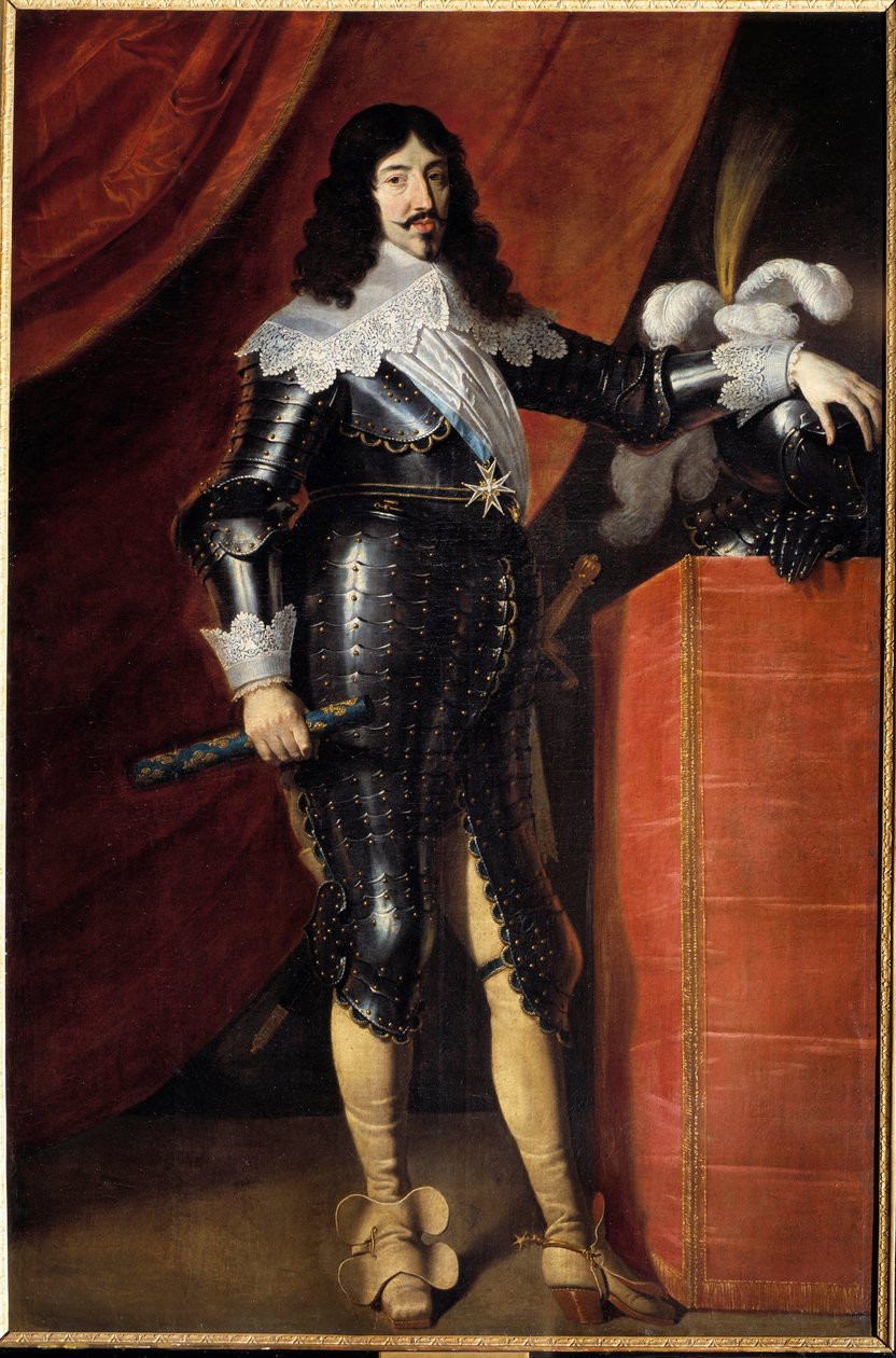 Retrato no pé de Luís XIII (1601-1643) em pintura de armadura da Escola Francesa do século XVII. Musee du chateau de Chambord - Retrato de Luís XIII (1601-1643) em armadura. Pintura da Escola Inglesa do Século XVII. Museu do de French School