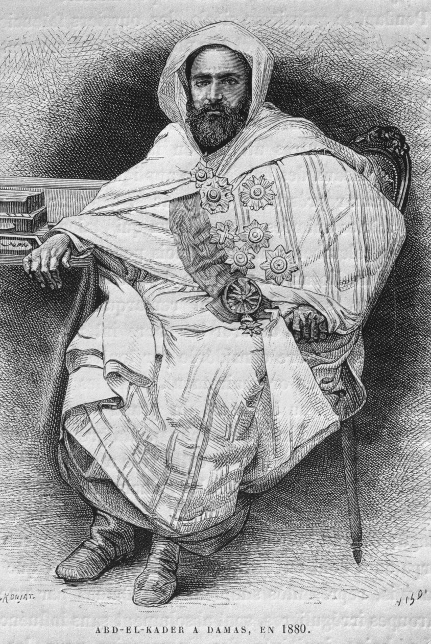 Retrato de Abd el-Kader em Damasco em 1880 (1808-1883), da Síria hoje. Viajar para a Fenícia, o Líbano e a Judéia. 1875-1880 de Louis Charles Emile Lortet, 1884 (gravura do bw) de French School