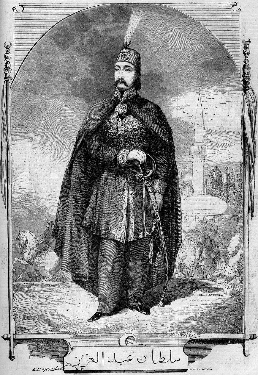 Retrato de Abdul Aziz (Abd-ul-Aziz ou Abd Ul Aziz ou Abdulaziz) 1830-1876), sultão do Império Otomano. Gravura em "Le Monde Illustré" n°224 de 27 de Julho de 1861. de French School