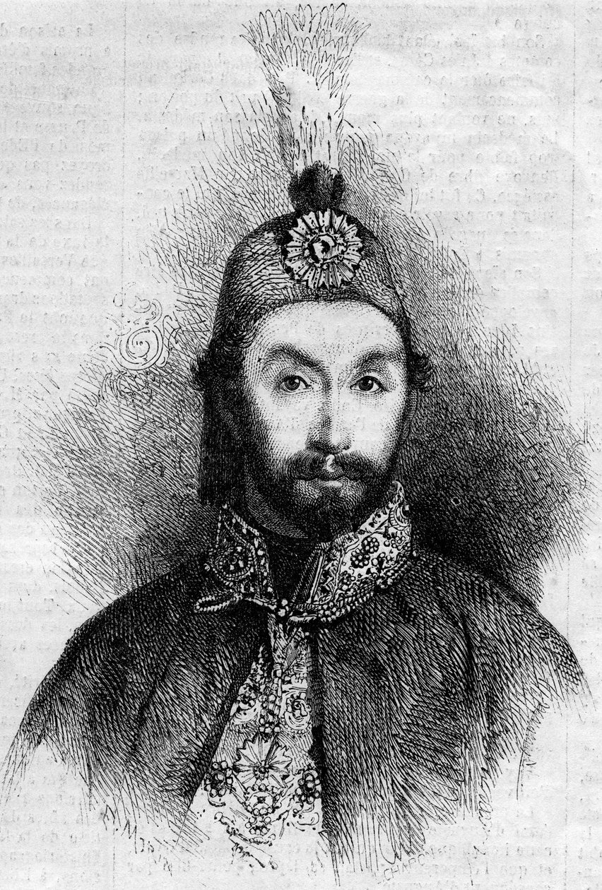 Retrato de Abdulmecit I (Abdul-Medjid-Khan, Abdul Medjid Khan) (1823-1861), sultão do Império Otomano. Gravura em "Le Monde Illustré" n°221 de 6 de Julho de 1861. de French School