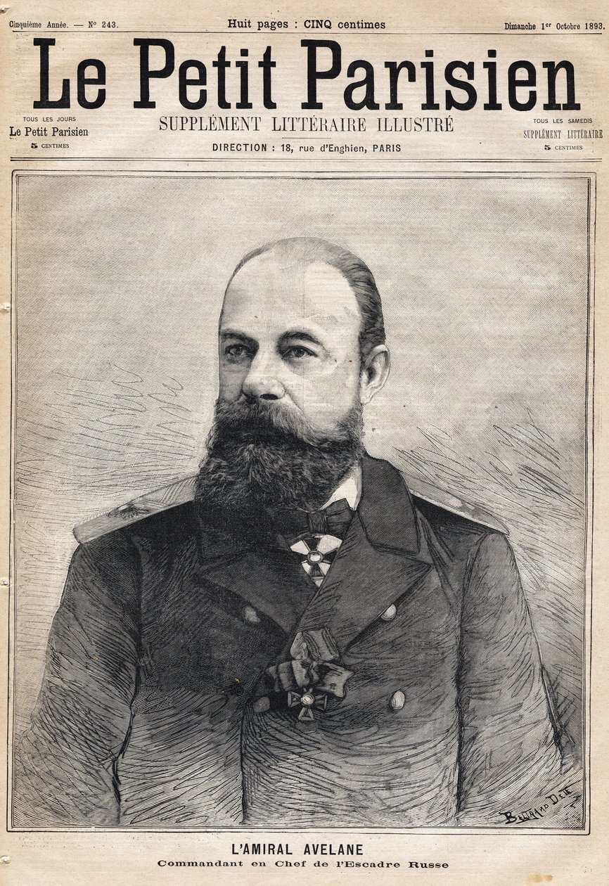 Retrato do Almirante Avelane Comandante do Esquadrão Russo. Um dos jornais "Le Petit Parisien" em 1/10/1893. de French School