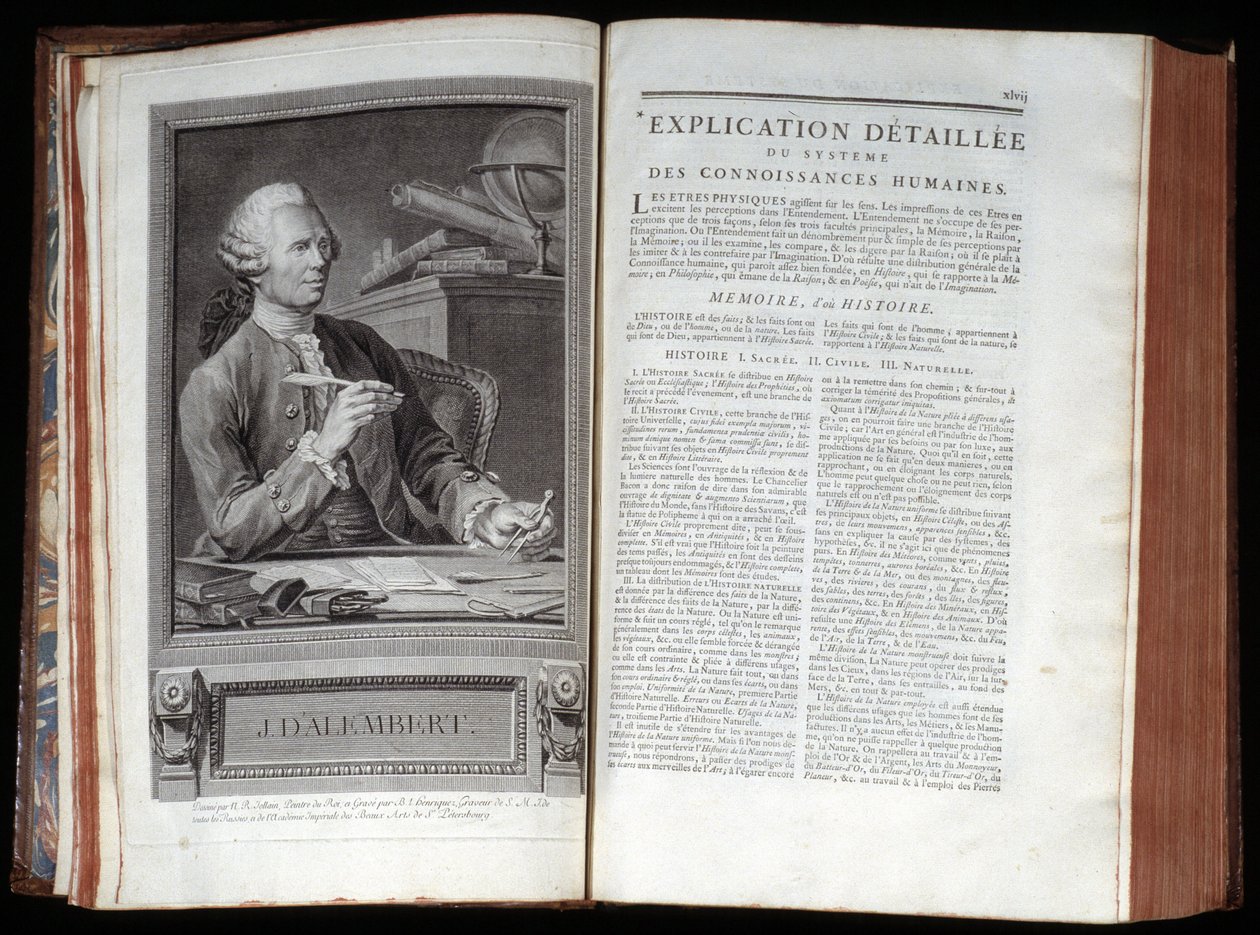 Retrato do Alemberte e uma página de texto da Enciclopédia de Diderot e Alemberte de French School
