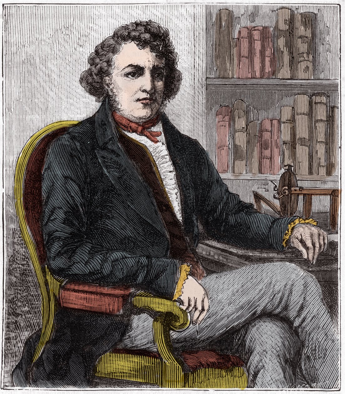 Retrato de André Marie Ampere (1775-1836), físico francês - Andre-Marie Ampere (1775-1836), físico francês e pioneiro da eletrodinâmica - Gravura em "Sciences mise à la range de tous - physique et chimie populaires" de Alexis Clerc - Final 19 ce de French School