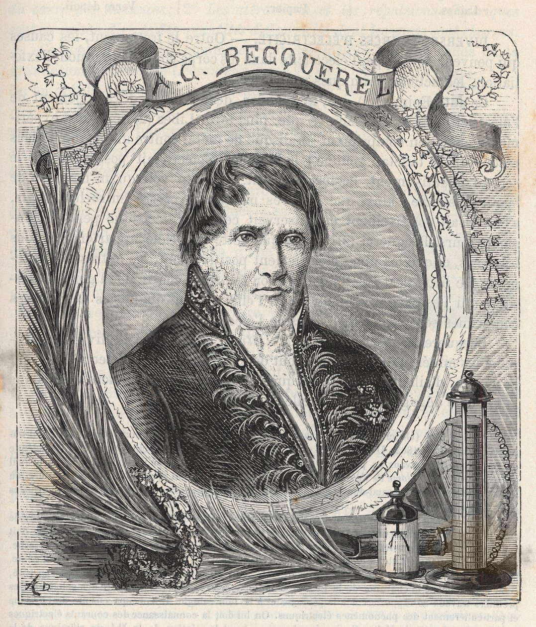 Retrato de Antoine Cesar Becquerel (1788-1878), físico francês - Gravura em "Sciences à la gratete de tous - physics et chimie populaires" de Alexis Clerc - Final do século XIX - Coleção particular de French School