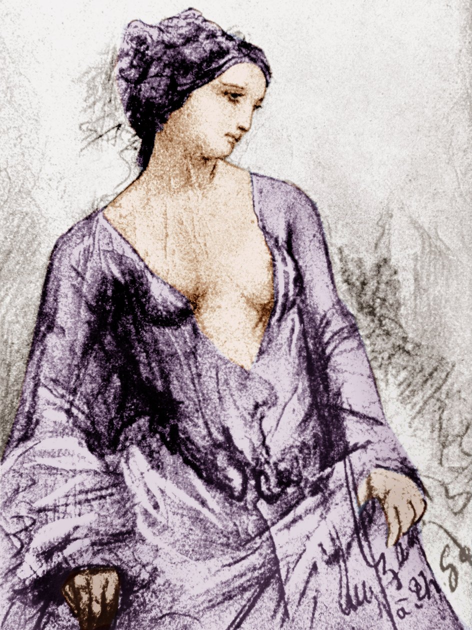 Retrato de Apollonie Sabatier que foi amante dos Baudelaire em 1852, desenho, documento colorido de French School