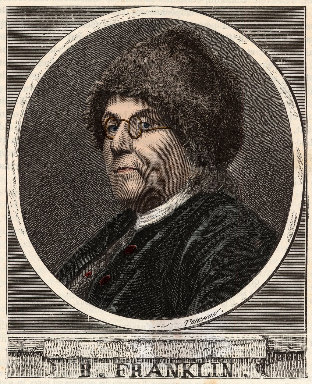 Retrato de BENJAMIN FRANKLIN (1706-1790) Impressor, editor, cientista, inventor, estadista e diplomata americano - Retrato de Benjamin Franklin (1706-1790), físico, filósofo e político americano - Gravura em "Ciências trazidas ao alcance de French School