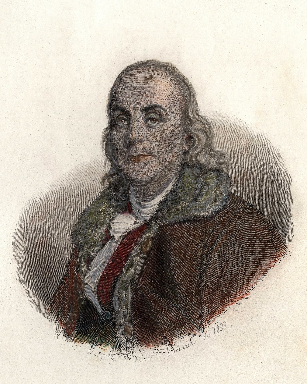 Retrato de Benjamin Franklin (1706-1790), físico, filósofo e político americano. in "Portraits des Hommes Useful" (Retratos dos Homens Úteis) de French School