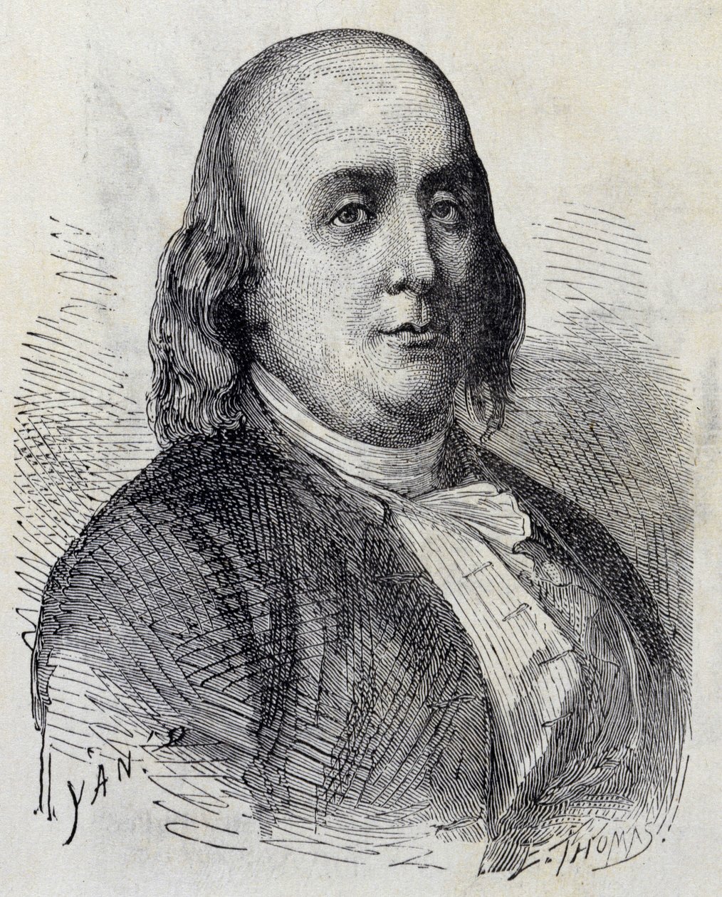 Retrato de Benjamin Franklin (1706 - 1790), político americano, memorialista, panfletário e físico - em "Álbum de Ciências; ilustres estudiosos; Grandes Descobertas" 1896. de French School