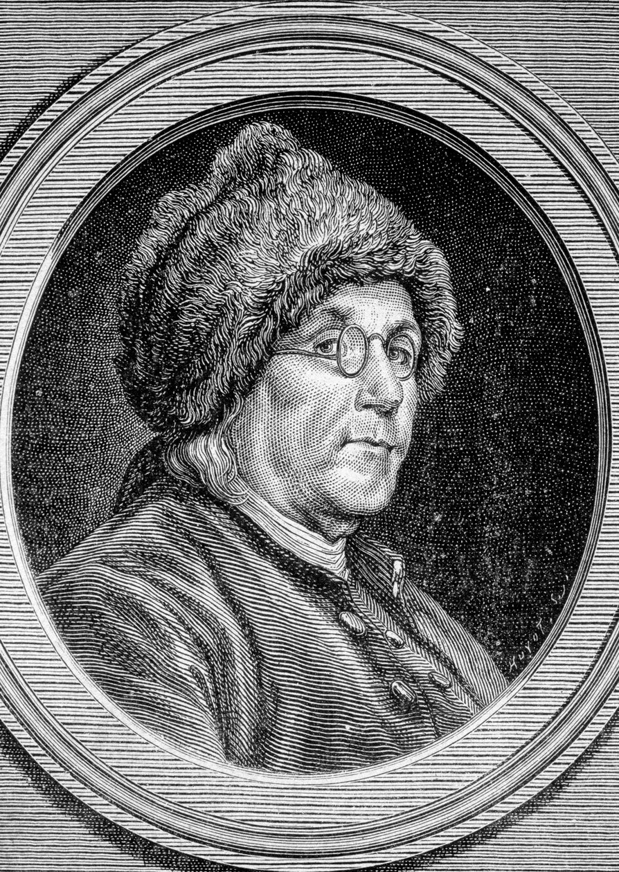 Retrato de Benjamin Franklin (1706 - 1790), político, memorialista, pamphletar e físico americano - no "Album de la Science; ilustres estudiosos; Grandes Descobertas" 1896. de French School