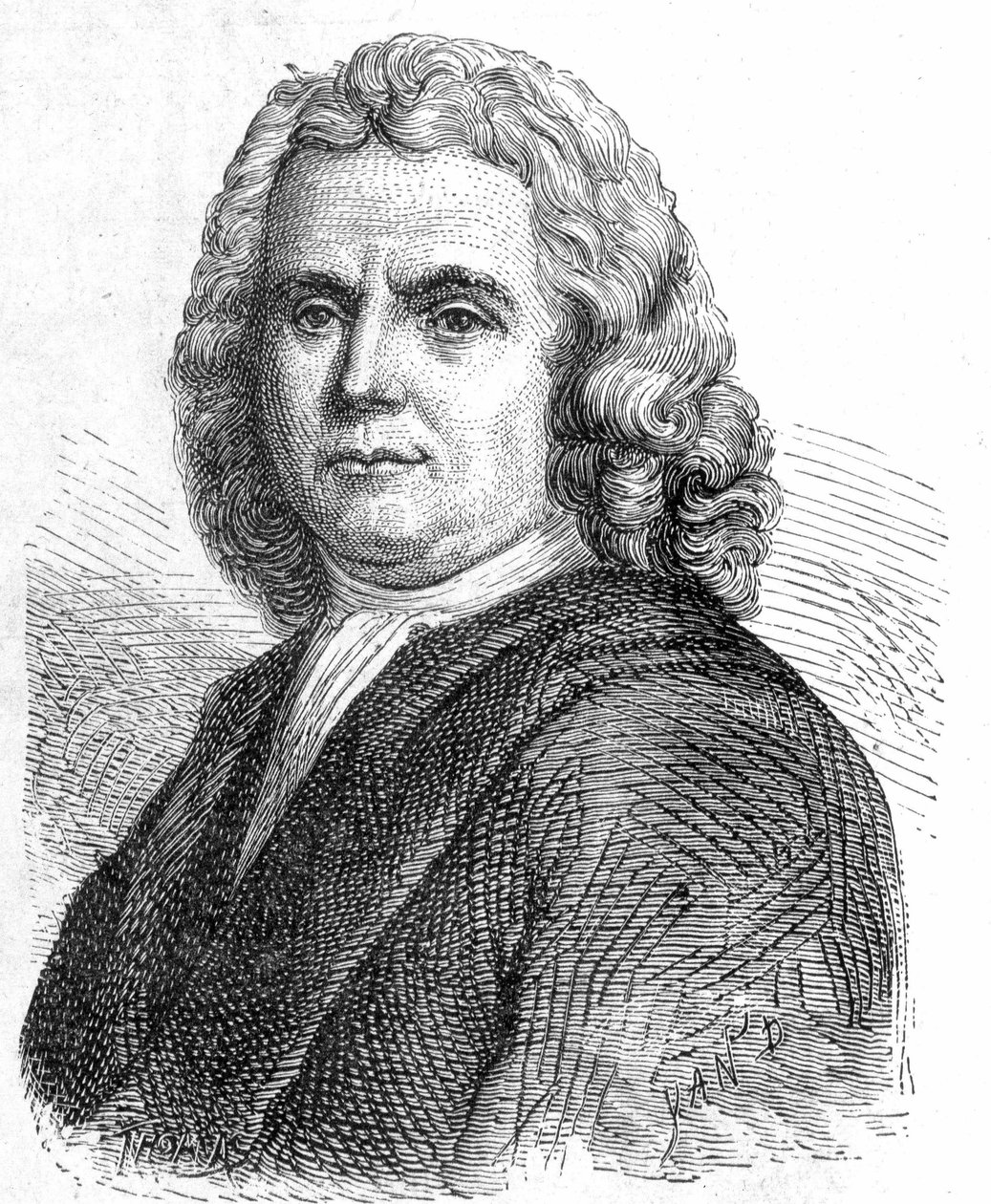 Retrato de Boerhaave Hermann (1668 - 1738), médico e químico holandês (adepto do iatromecanismo) - no "Álbum da Ciência; cientistas ilustres; Grandes descobertas" 1896. de French School