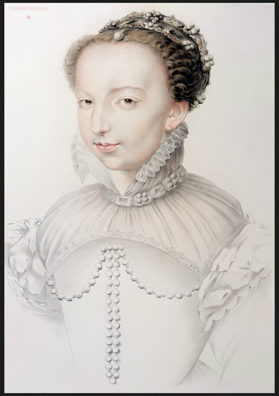 Retrato de Catarina de Médicis (1519-1589), fac-símile de um desenho do século XVI que aparece em Retratos das personalidades francesas mais famosas do século XVI, por PG Niel, Paris, 1848 (grafite de French School