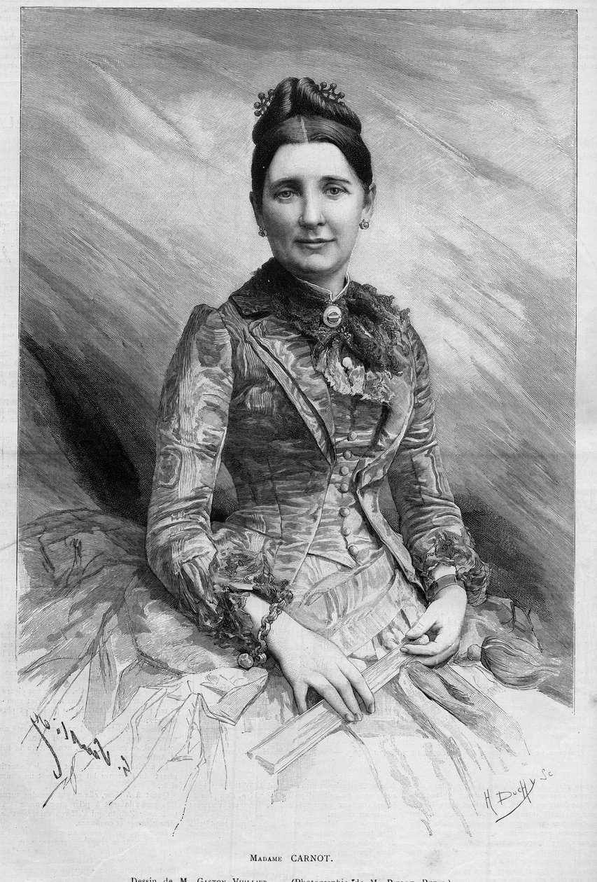 Retrato de Cecile Carnot (nee Dupont-White ou Dupont White) (1841-1898), esposa de Sadi Carnot, Presidente da República Francesa. Gravura em "Le Monde Illustré" n°1678 de 25 de Maio de 1889. de French School