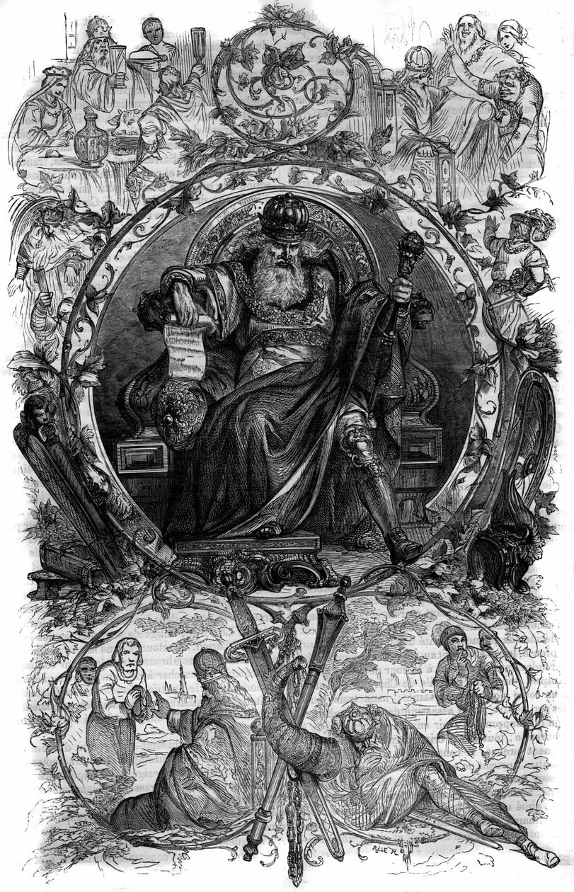Retrato de Carlos Magno (Carlos I conhecido como Carlos o Grande, 742-814). Gravura em "Histoire des Papes-Rois-Queen and Empereurs a travessa les centuries", de Maurice Lachatre de French School