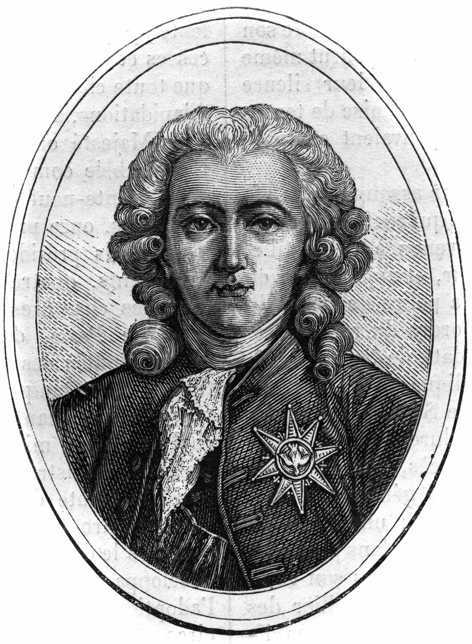 Retrato de Charles Alexandre de Calonne, político francês sob Louis XVI (1734-1802), controlador financeiro. Gravura em "Histoire des Papes-Rois-Queen and Empereurs a travessa les centuries", de Maurice Lachatre de French School