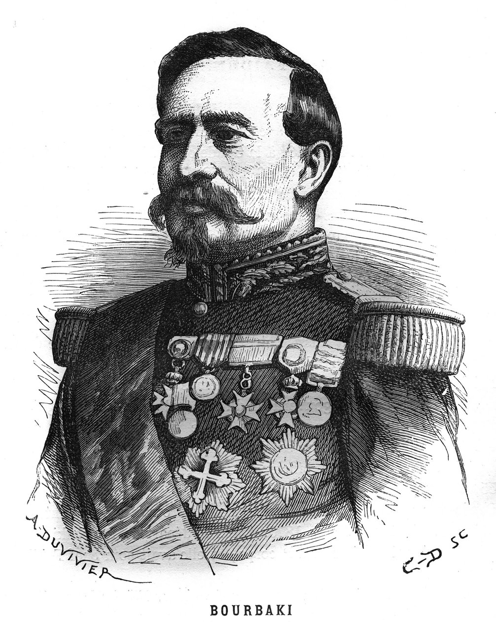 Retrato de Charles Denis Bourbaki (1816-1897), oficial francês. Gravura em "Les Illustrations De L