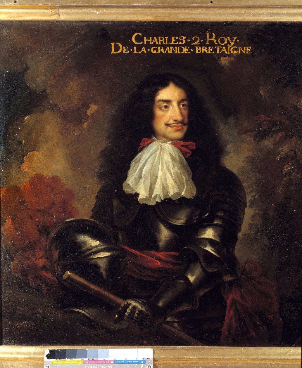 Retrato de Carlos II (1630-1685) Pintura do Rei da Inglaterra da Escola Francesa do século XVII. Dim 1,11 x 1,25 m de French School