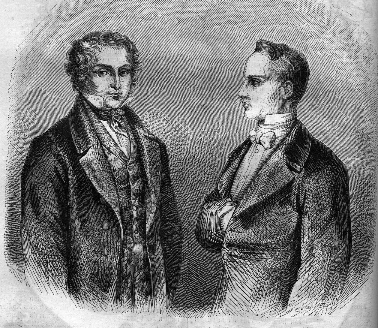 Retrato de Charles Nodier (1780-1844) e Prosper Merimee (1803-1870), escritores franceses. Gravura de 1866-1867. de French School