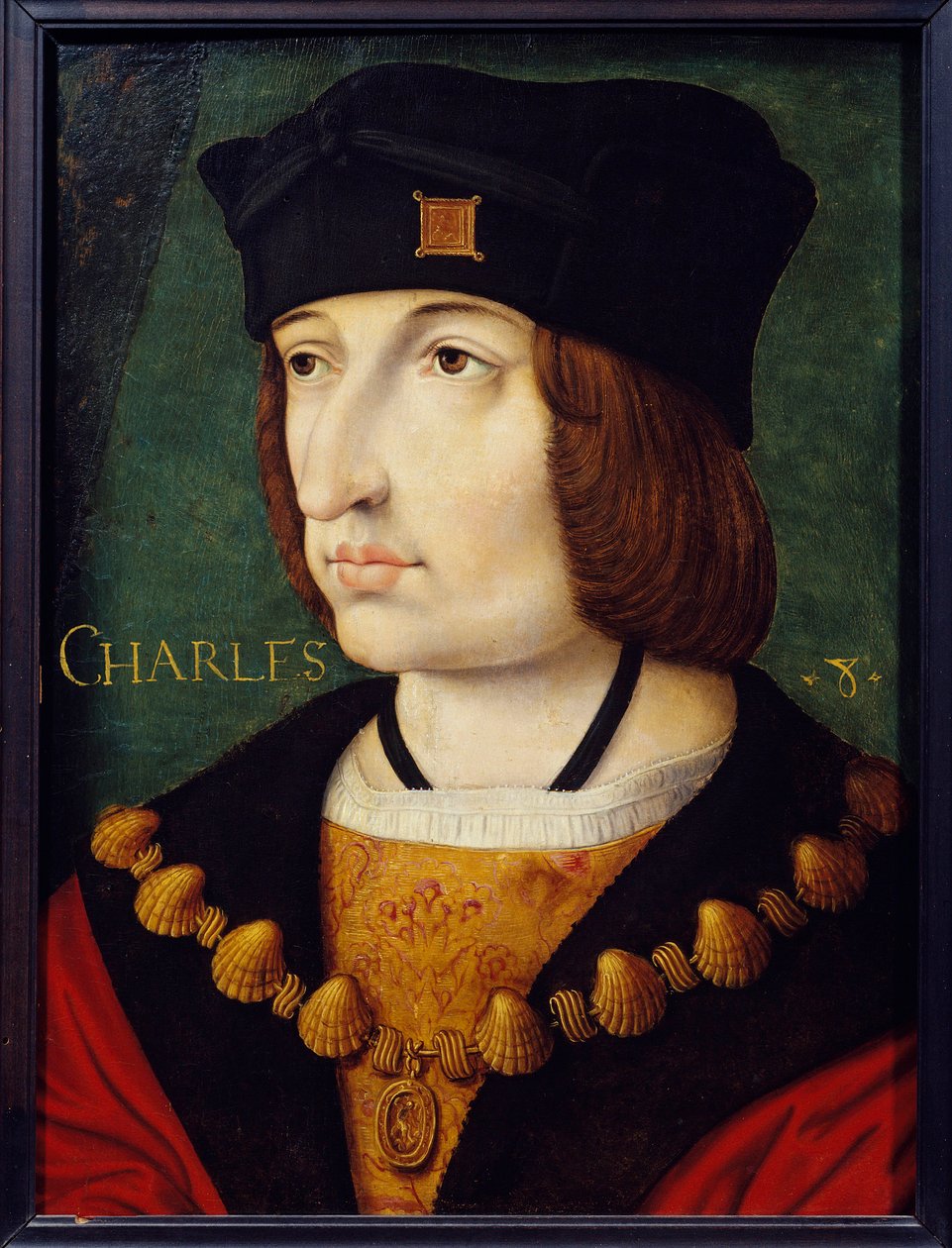Retrato de Carlos VIII (1470-1498) filho de Luís XI Pintura da Escola Francesa do século XVI por Jean Perreal. Dim. 0,36x0,27 m. Musee Conde, Chantilly de French School
